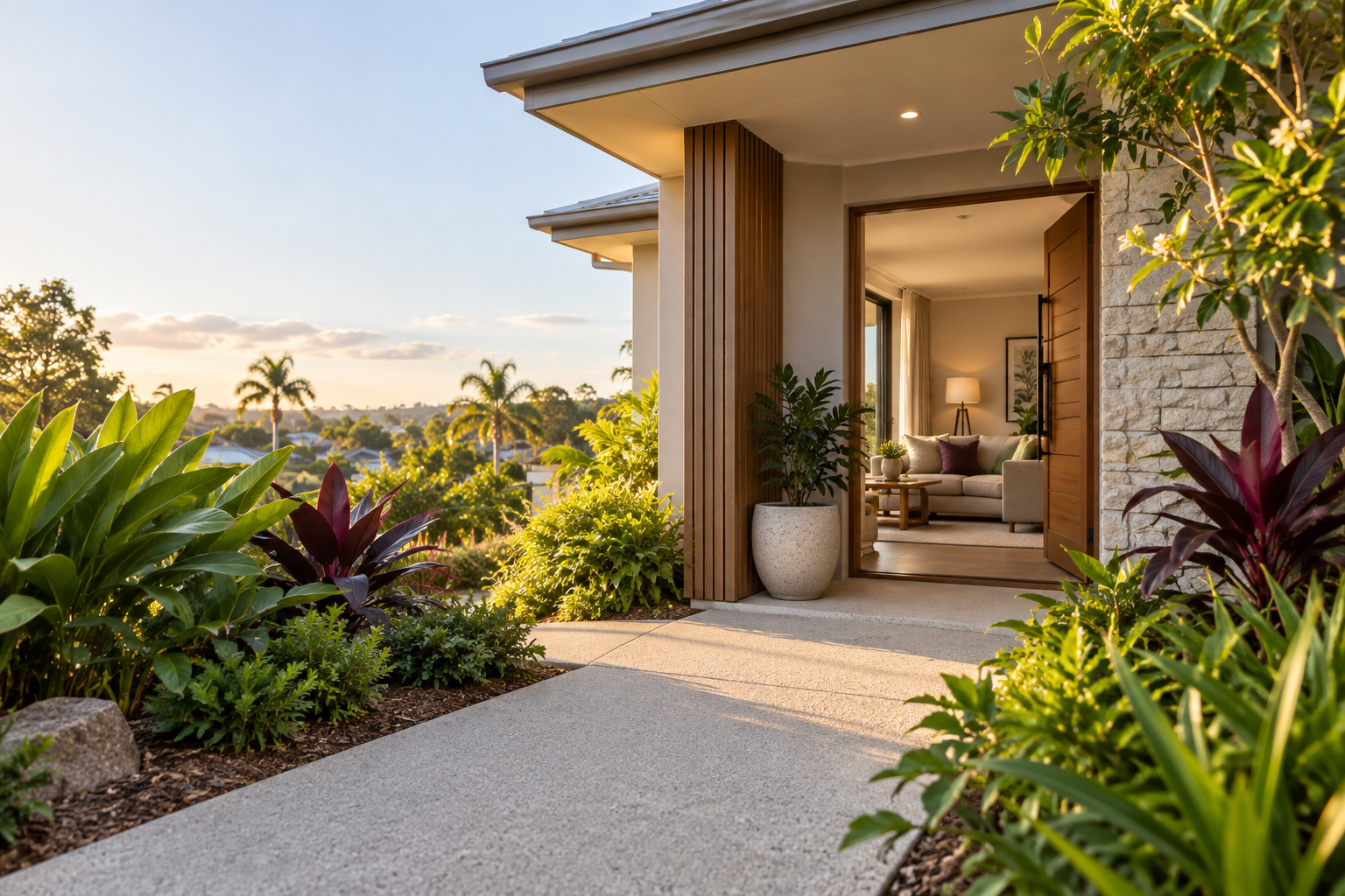 Illustrative contemporary home entrance with a step-free path and subtropical garden; this is not a Tibii property.