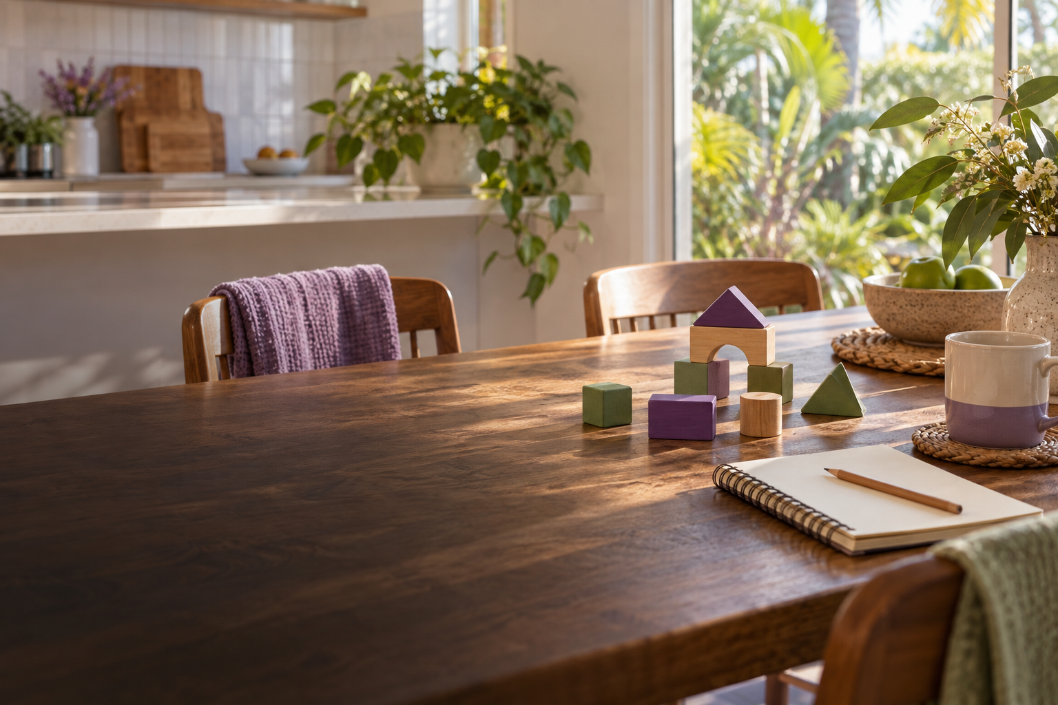 Illustrative Australian family kitchen table with wooden blocks and a notebook; no real family or program is shown.